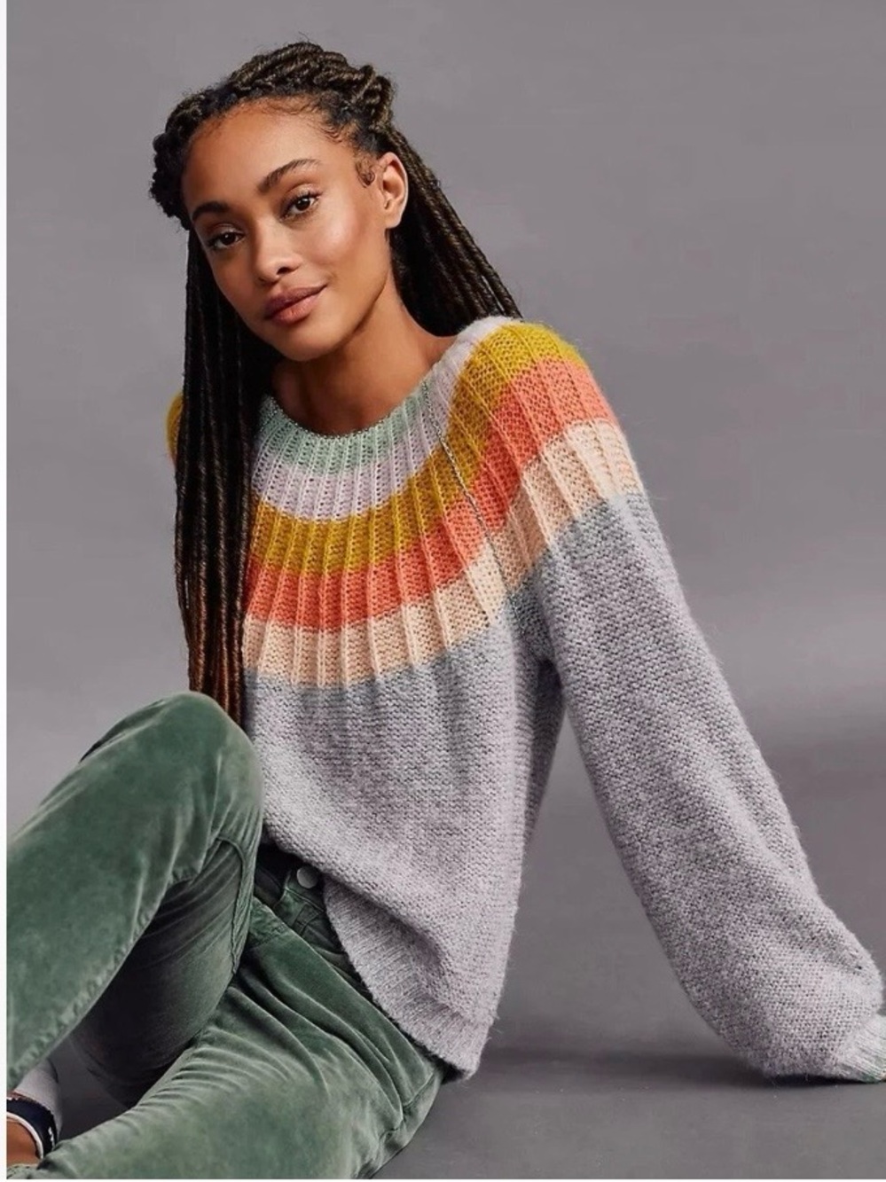 Anthropologie Colleen Sweater Gray Scoop-Neck Sweater with Pastel Rainbow Yoke